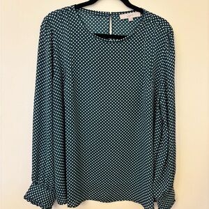 LOFT Green and White Polka Dot Blouse